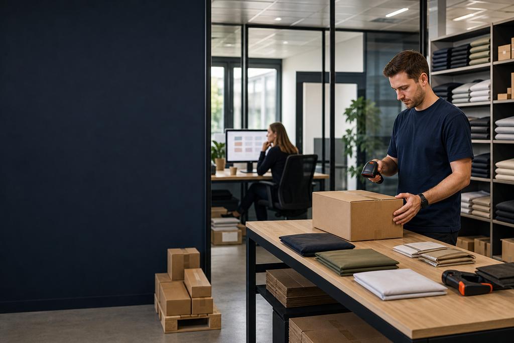 Medewerker scant een pakket aan een inpaktafel naast een kantoor en stellingen.