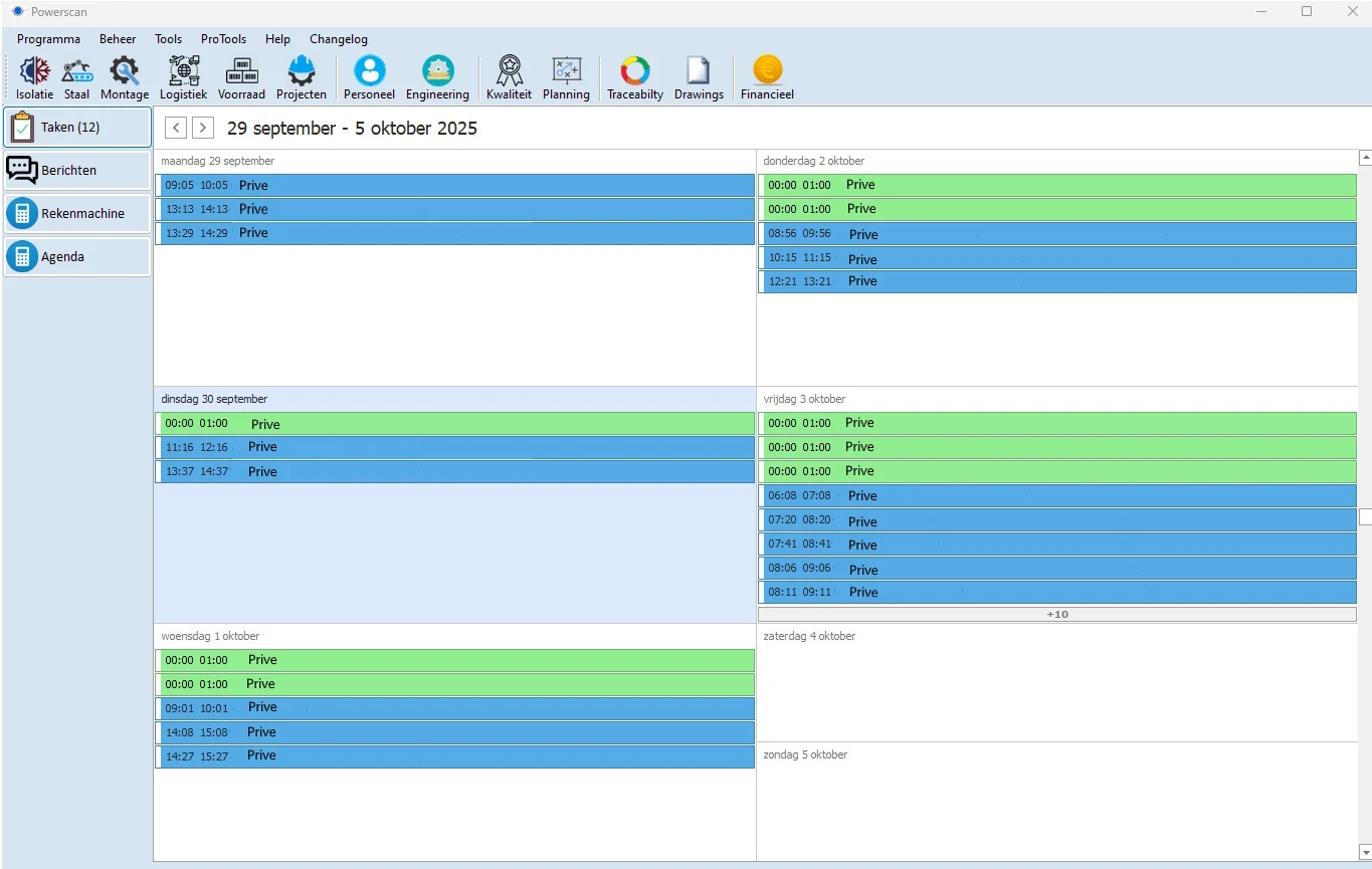 PowerScan met een weekagenda en menuknoppen voor logistiek, voorraad, projecten en planning.