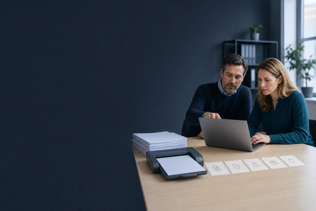 Illustratieve finance- en ICT-specialisten die AI invoice processing, open uitzonderingen en menselijke approvals bewaken