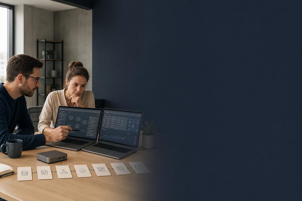 Illustratieve data-engineer en bedrijfsanalist die een datapipeline, datakwaliteit en rapportage-uitvoer controleren