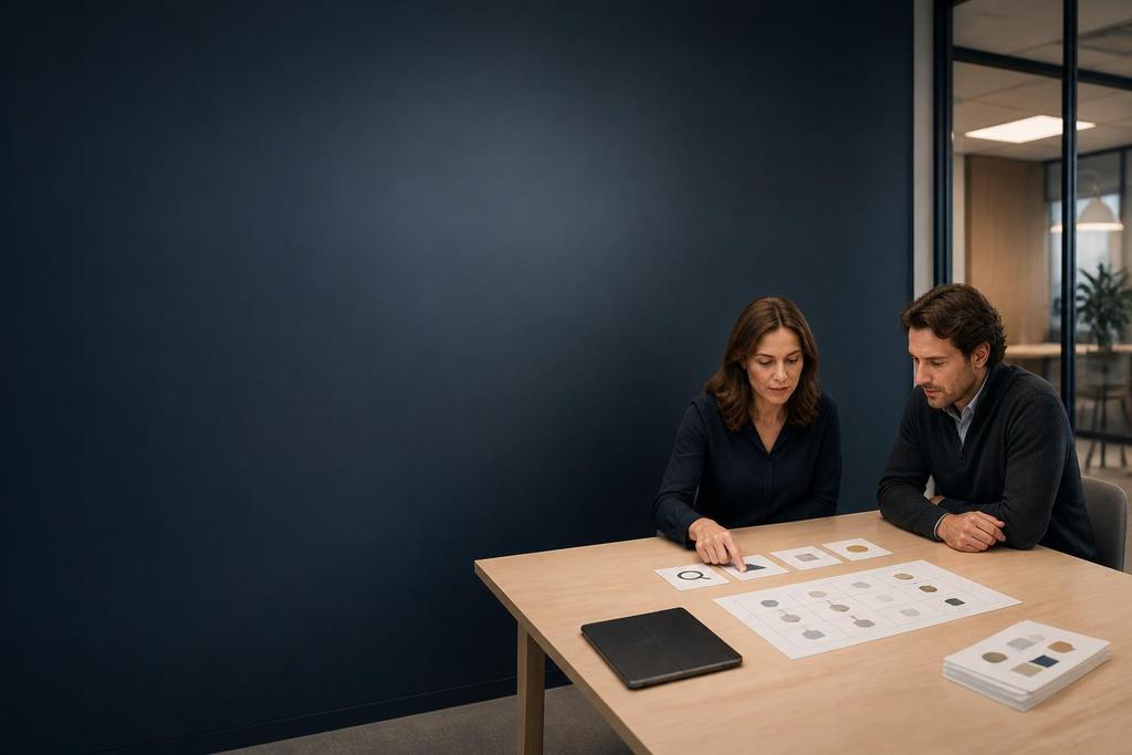 Illustratieve AI-consultant en proceseigenaar die bedrijfstaken, risico’s en oplossingskeuzes vergelijken