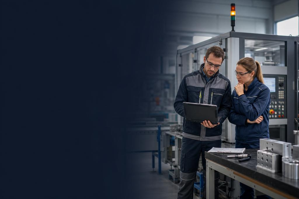 Illustratieve productie- en ICT-specialisten die technische scans, Quality-codes en magazijnlabels controleren