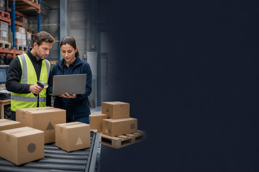 Illustratieve warehouseprofessional en ICT-specialist die barcode-events, voorraadstatus en logistieke uitzonderingen controleren