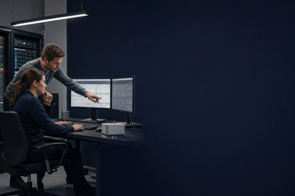 Illustratieve Azure- en softwarespecialisten die release, applicatie, platform, gegevens en gezamenlijke acceptatie beoordelen