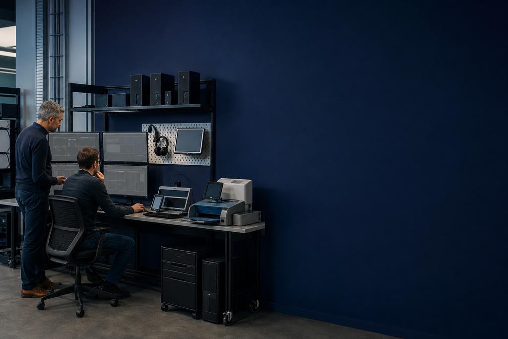 Illustratieve AVD- en applicatiespecialisten die een RemoteApp, leverancierspakket, bestandsoverdracht, printer en scanner in een procesproef testen