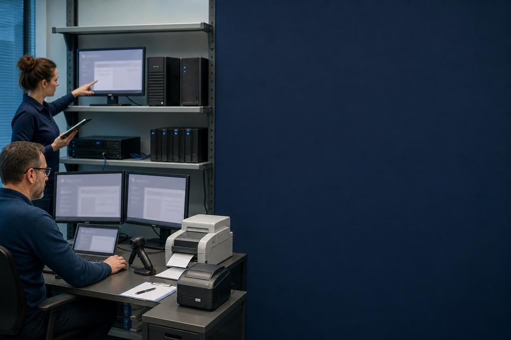 Illustratieve Azure Virtual Desktop-specialisten die persoonlijke toegang, FSLogix-profiel, barcode- en documentscanner, printer en sessieherstel op een werkvloer testen