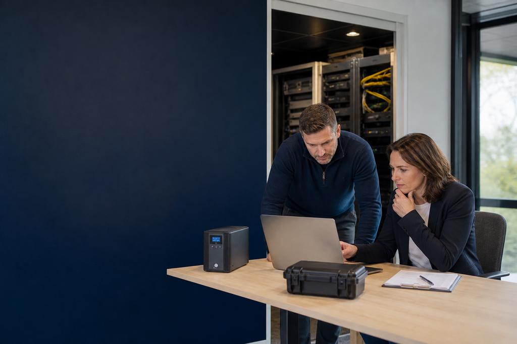 Bedrijfscontinuïteit in beeld: ICT-specialist en proceseigenaar bespreken herstelafspraken, reservevoorzieningen en een veilige continuïteitsoefening