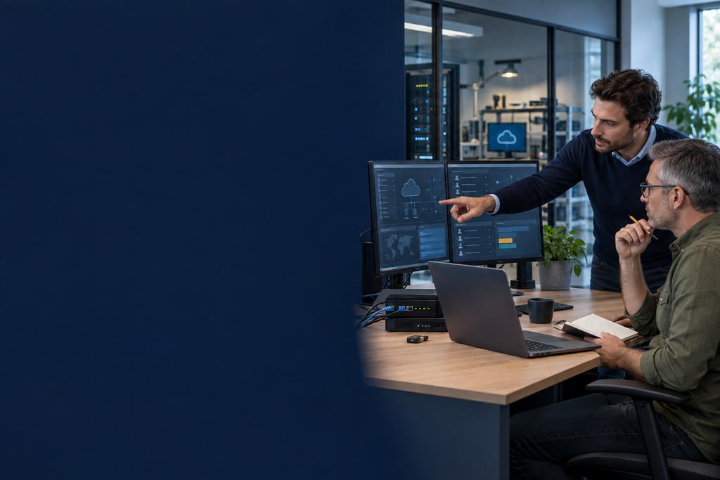 Illustratieve cloudsecurity- en platformadviseurs die cloudresources, rollen, netwerkpaden, beveiligingsopties en herstelkeuzes beoordelen