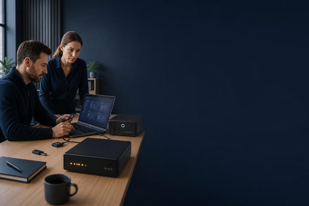 Illustratieve cloudidentity- en dataspecialisten die privileged access, security key, secrets, encryptiesleutels, database- en storagepolicy testen
