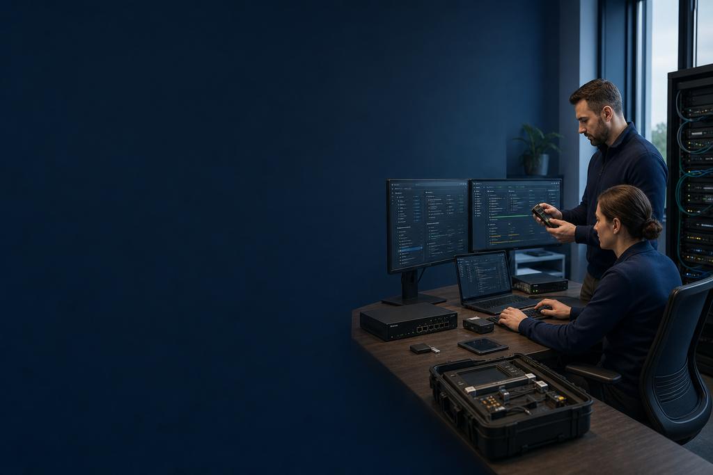 Illustratieve Azure- en cloudsecurityengineers die subscriptions, toegangsrollen, private netwerkpaden, logging en herstel controleren