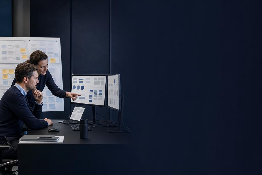 Illustratieve cloud consultant en softwarearchitect die applicatiecomponenten, code, database, platformopties en roadmap vergelijken