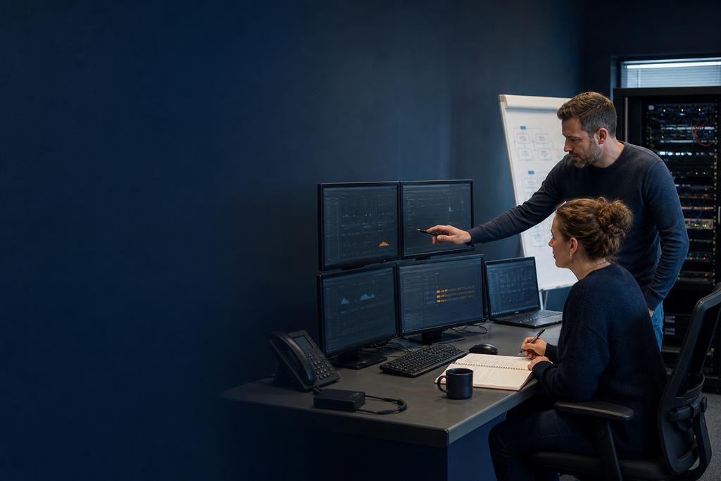 Illustratieve incidentleider en cloudengineer die een abrupt gestopte workload, fouttijdlijn, logs, database, wachtrij en veilige herstelkeuze beoordelen