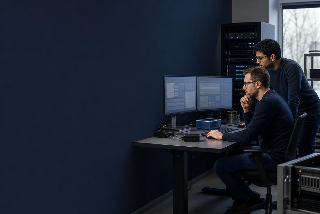 Illustratieve software- en cloudspecialisten die gecrashte legacy-runtime, herstelimage, database, bestanden, planning, licentie en gedragstest beoordelen