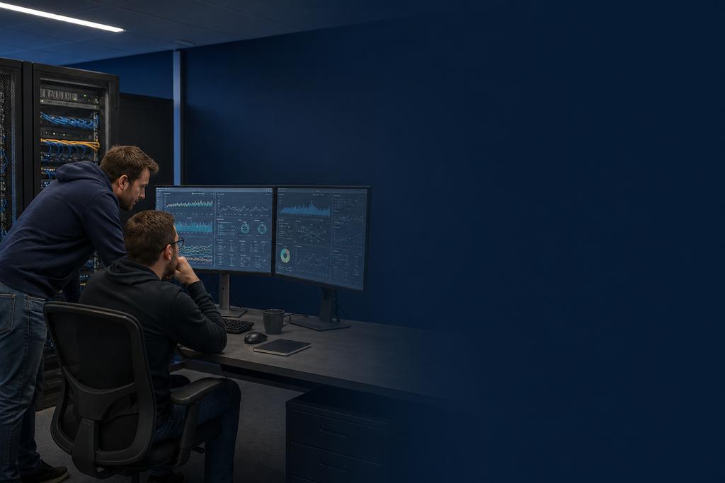 Illustratieve cloudengineers die softwareversie, database, API, monitoring, release, back-up en support binnen cloud hosting controleren