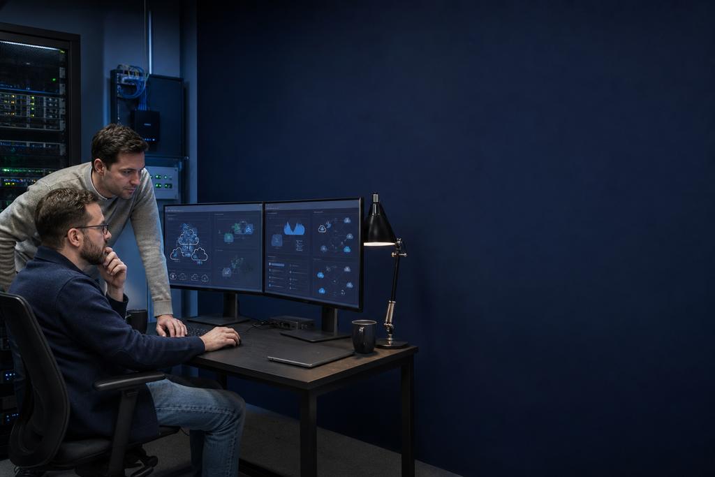 Illustratieve cloudarchitect en productie-eigenaar die lokale edge, gateway, buffering, cloudanalyse, gegevensstromen en veilige IT-OT-grenzen vergelijken