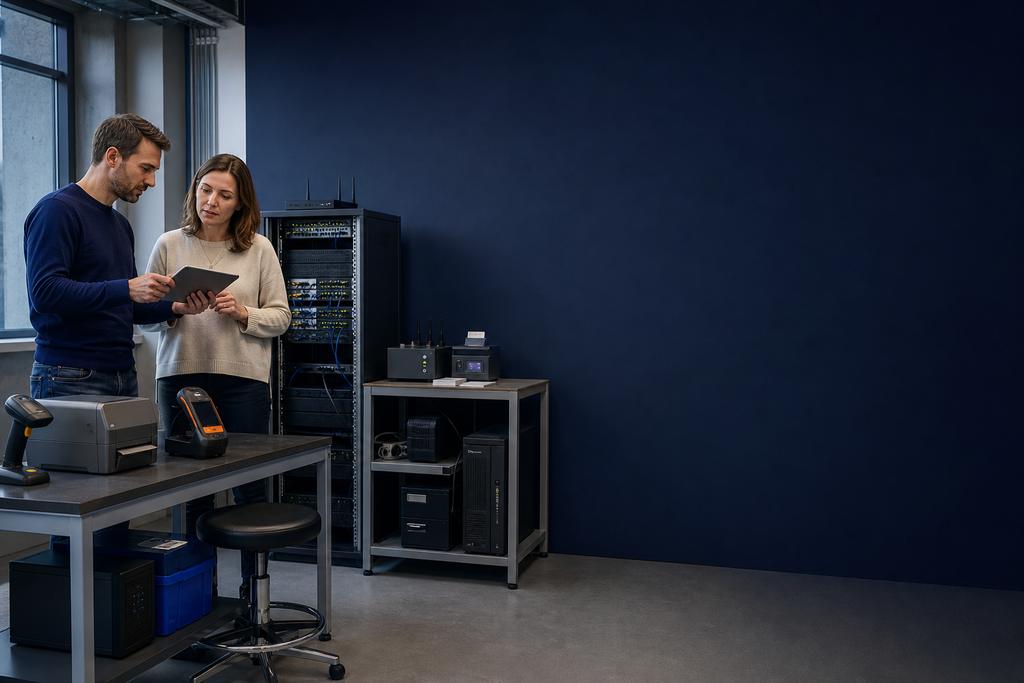 Illustratieve proceseigenaar en cloudengineer die applicatieservices, database, lokale scanners, printers, koppelingen, netwerkuitval en herstel beoordelen