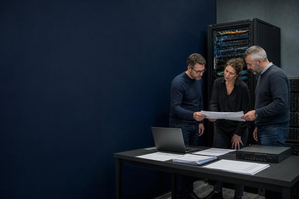 Illustratieve cloudarchitect, applicatie-eigenaar en service-eigenaar die lokale en cloudomgeving, data, identity, uitwijk, herstel en terugkeer vergelijken