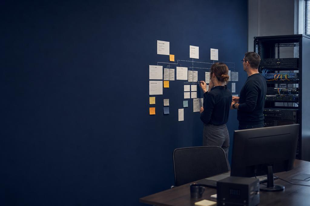 Illustratieve cloudarchitect en service-eigenaar die bedrijfstaken, toepassingen, data, lokale en publieke cloud, netwerk, herstel en kosten vergelijken