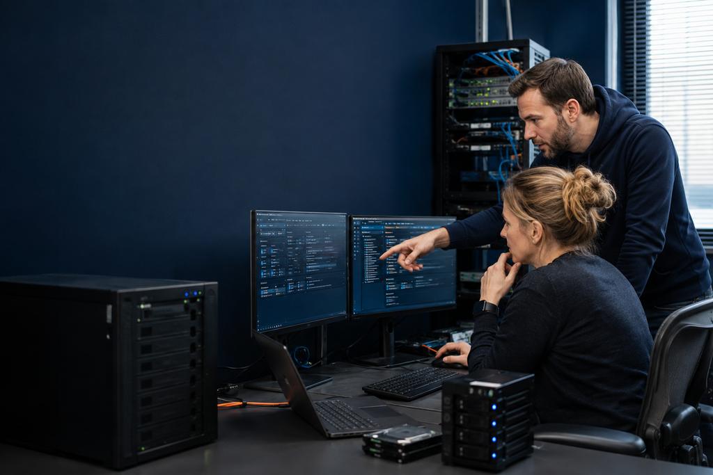 Illustratieve cloudengineer en softwarebeheerder die cloudfundament, applicatie, database, bestanden, koppelingen, gebruikstest en terugweg controleren