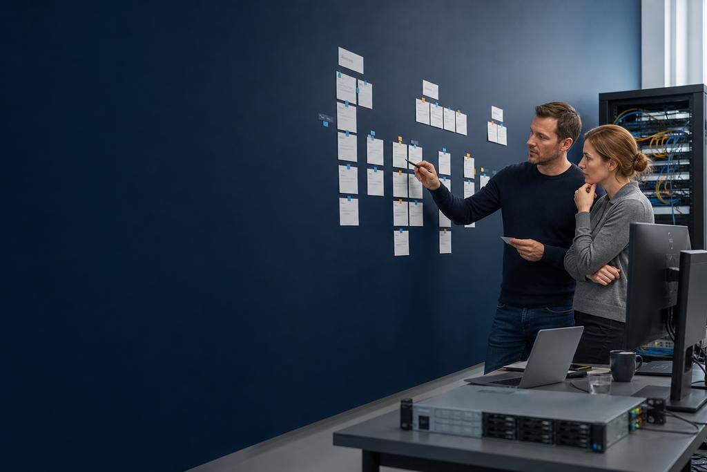 Illustratieve cloudengineer en applicatie-eigenaar die een nieuw cloudfundament, brondata, migratieplanning, gebruikstest, herstel en terugweg samen voorbereiden