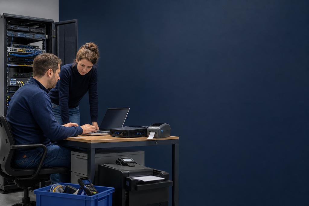 Illustratieve cloudinstallatie-engineer en applicatie-eigenaar die netwerk, server, applicatie, database, scanner, labelprinter, back-up en gebruikerstest beoordelen
