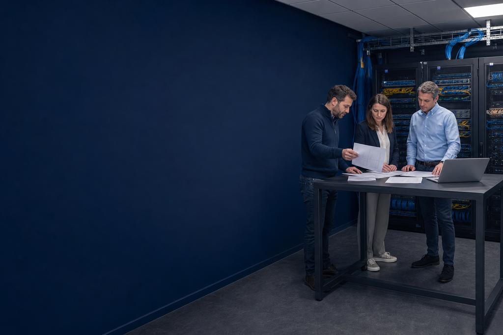 Illustratieve cloudengineer, applicatie-eigenaar en service-eigenaar die legacyversie, doelplatform, database, interfaces, herstel en compatibiliteit testen