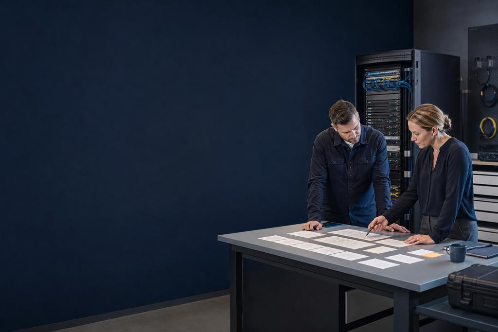 Illustratieve cloudinstallatie-engineer en service-eigenaar die ontwerp, identity, netwerk, platform, back-up, tests en beheerbare overdracht voorbereiden