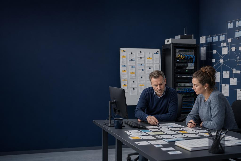 Illustratieve cloudmigratieadviseur en service-eigenaar die huidige systemen, data, doelopties, kosten, risico, technische proef, volgorde en terugweg vergelijken