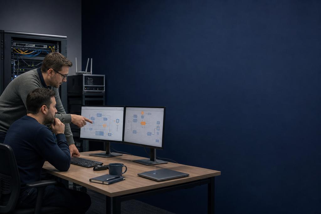 Illustratieve securityadviseur en data-eigenaar die gevoelige gegevens, cloudopties, identity, netwerk, sleutels, logging, herstel, risico en exit vergelijken