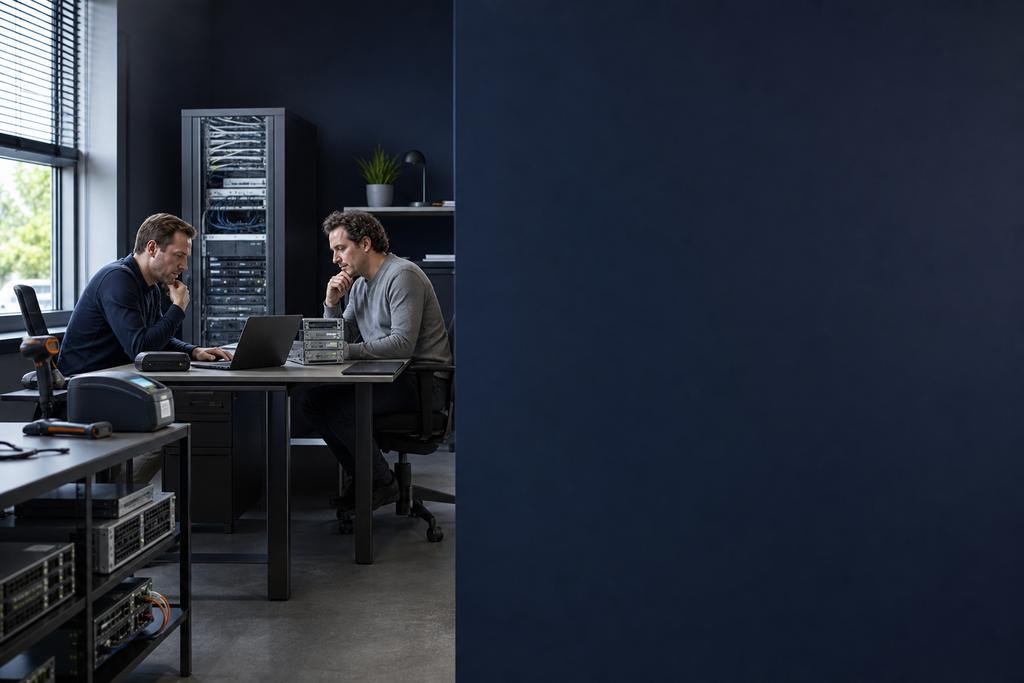 Illustratieve cloudmigratieadviseur en werkplekeigenaar die applicaties, mobiele apparaten, bestanden, netwerk, scanners, herstel, migratiefasen en terugweg vergelijken