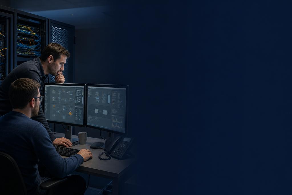 Illustratieve edge-engineer en productie-eigenaar die goedgekeurde data, gateway, apparaatidentiteit, cloudroute, lokale buffering, verbindingsuitval en herstel migreren