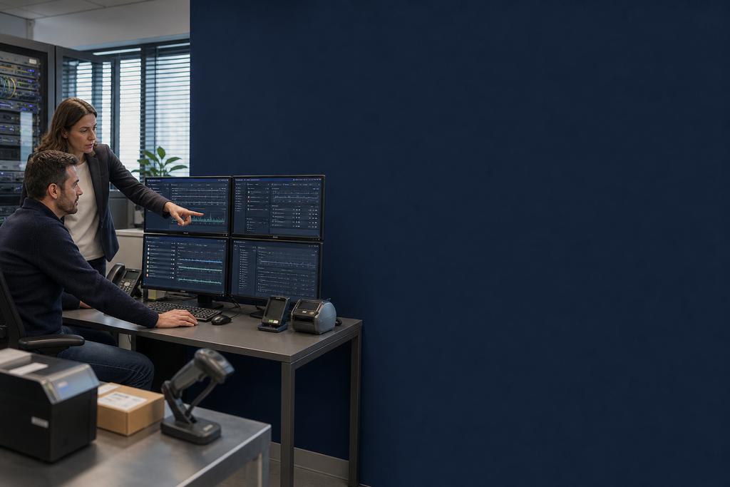 Illustratieve cloudmonitoringengineer en applicatie-eigenaar die een bedrijfsapplicatie, server, scanner, labelprinter, meldingen en herstel bewaken