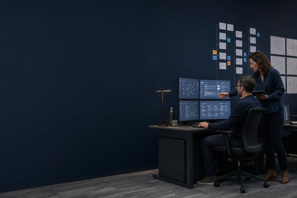 Illustratieve cloudmonitoringengineer die met een service-eigenaar meetpunten, meldingen, eigenaarschap en werkinstructies ontwerpt