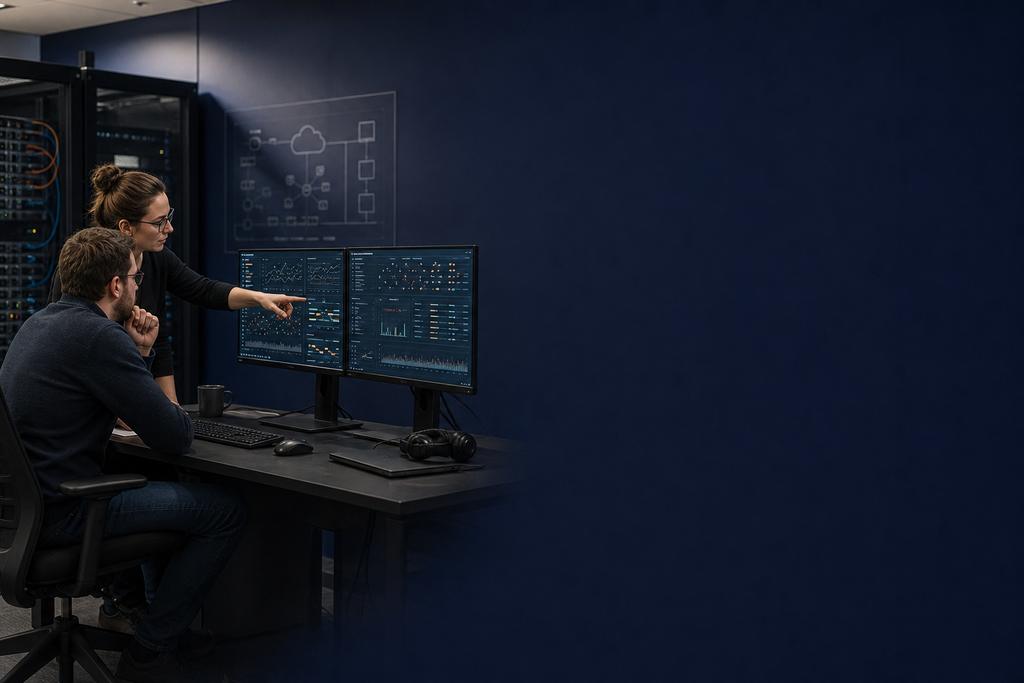 Illustratieve cloudmonitoringengineers die logs, metingen, gebeurtenissen en veilige gebruikerstests op één tijdlijn verbinden
