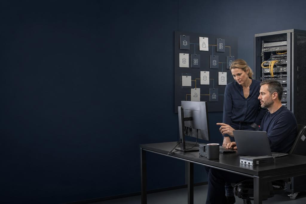 Illustratieve ICT-specialist en verantwoordelijke die opschoonpunten, afhankelijkheden en een veilige terugweg bespreken