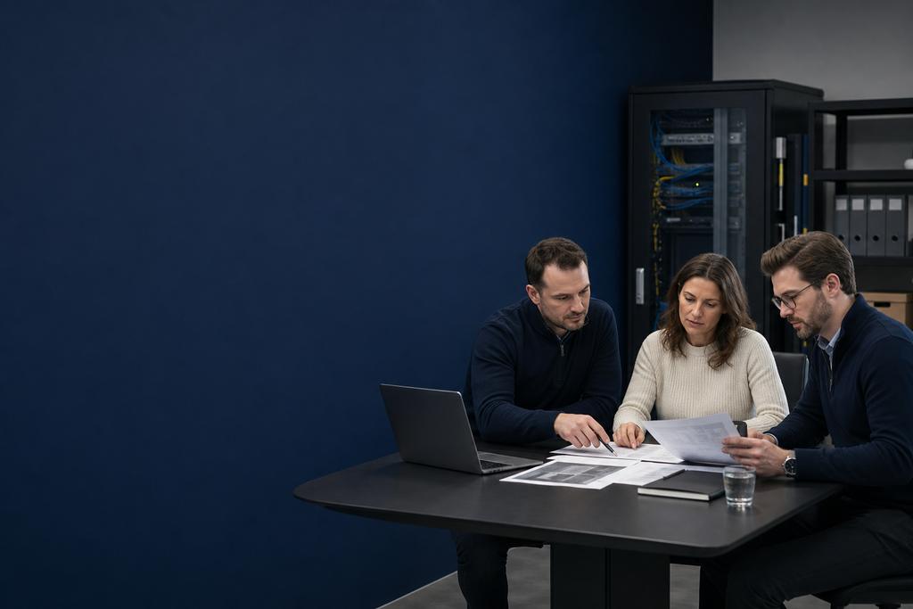 Illustratieve ICT-specialist en gebruikers die na digitale opschoning de dagelijkse taak en technische werking controleren