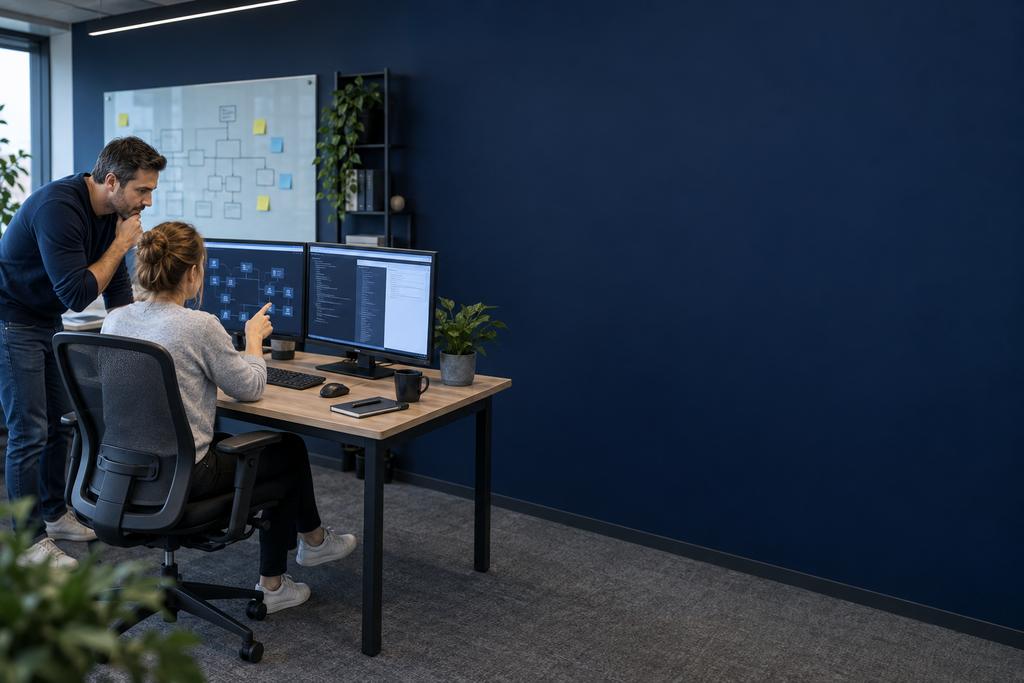 Illustratieve cloudarchitect en applicatie-eigenaar die cloudinfrastructuur en beheer voor toepassing, database, opslag, identiteit, koppelingen, herstel en medewerkerstaak afbakenen