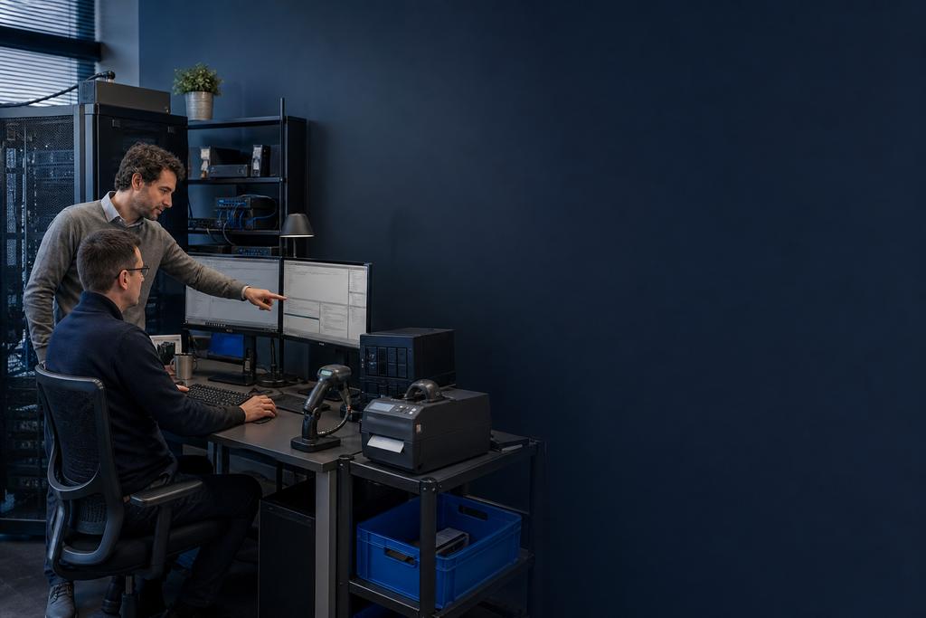 Illustratieve applicatie- en cloudengineers die database, documenten, componenten, scanners, integraties, bedrijfsprocessen en oude provideropslag controleren