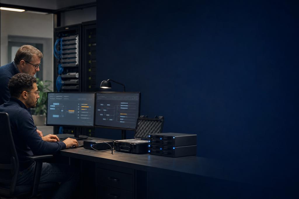 Illustratieve software- en cloudengineers die legacyimage, installatieset, database, batch, interface, licentie, herstelmiddelen, tijdelijke brug en providerexit testen