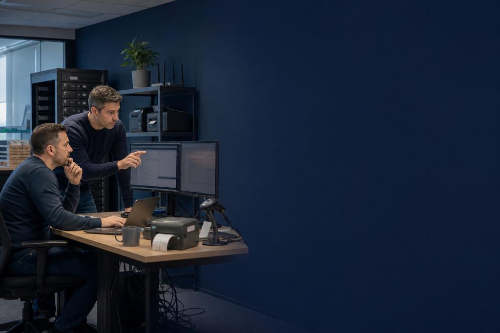 Illustratieve applicatie- en cloudspecialisten die bedrijfsproces, database, documenten, achtergrondtaak, scanners, koppelingen en hersteltest onderzoeken