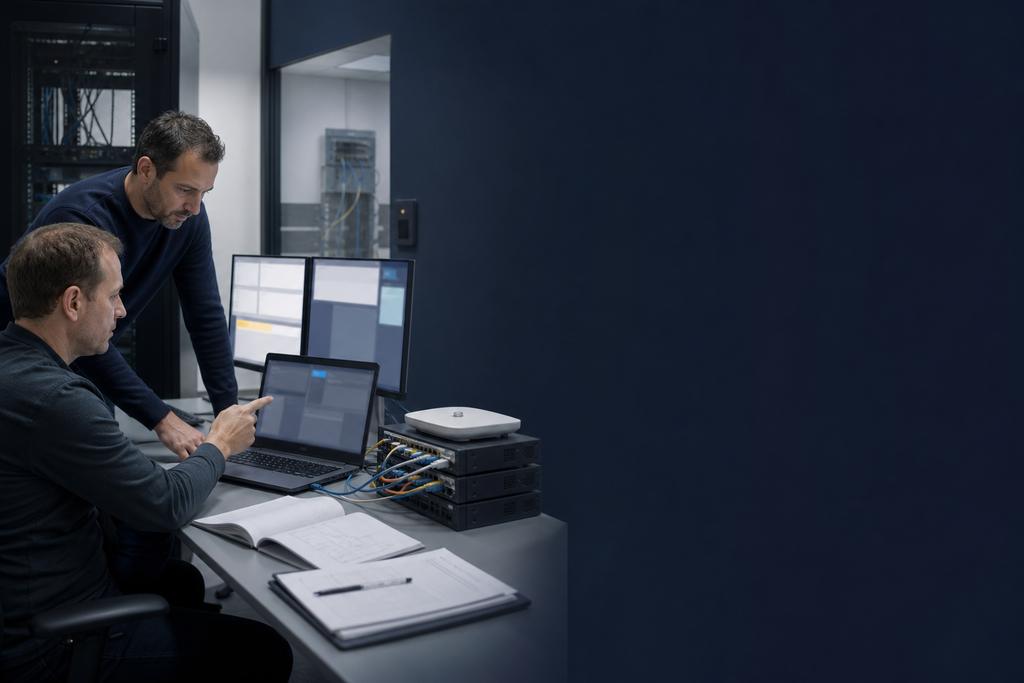 Illustratieve IT-specialisten die account, apparaat, toegangsregels en netwerkroute tijdens een IT-storing testen