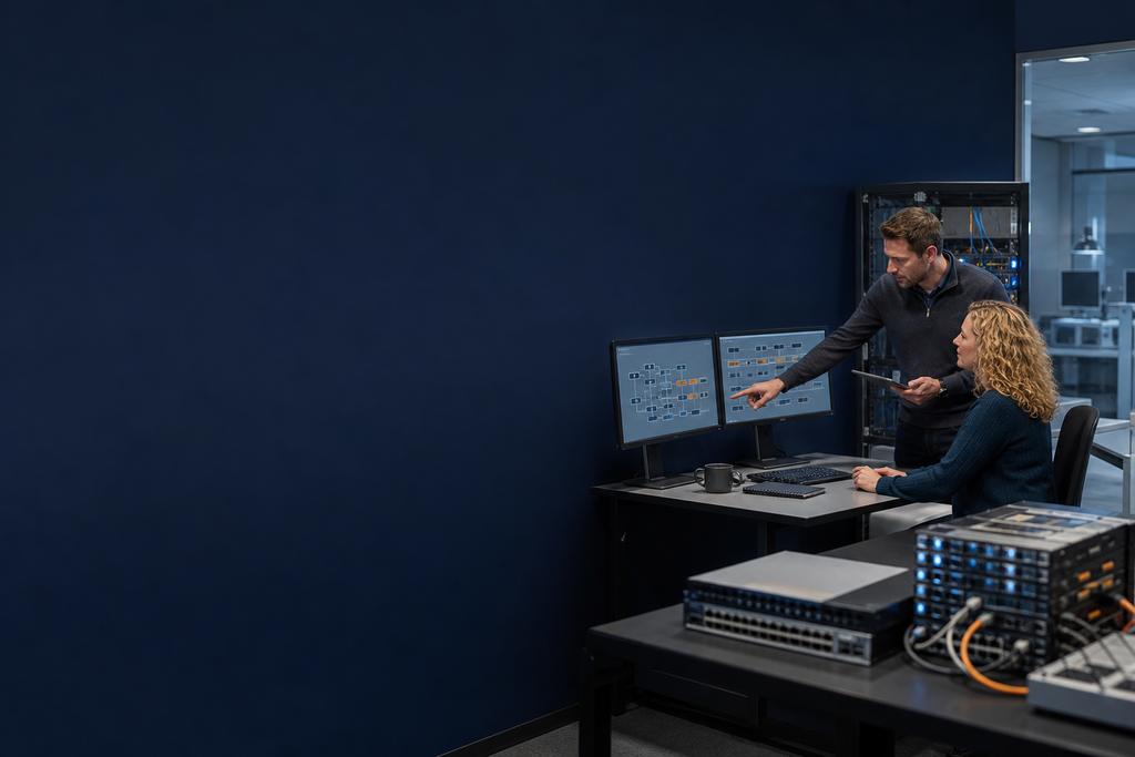 Illustratieve cloudengineer en serviceverantwoordelijke die een gerichte cloudreparatie, veilige terugweg en gebruikstest voorbereiden