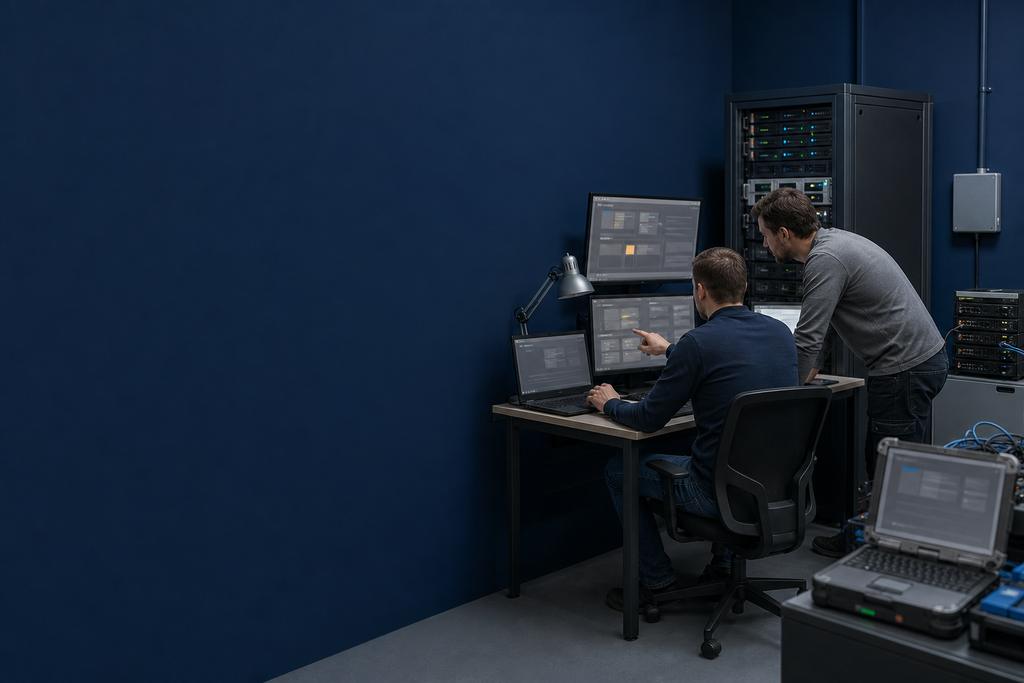 Illustratieve cloud- en dataspecialisten die back-uptaak, sleuteltoegang, herstelpunt, database en een geïsoleerde restoreproef controleren