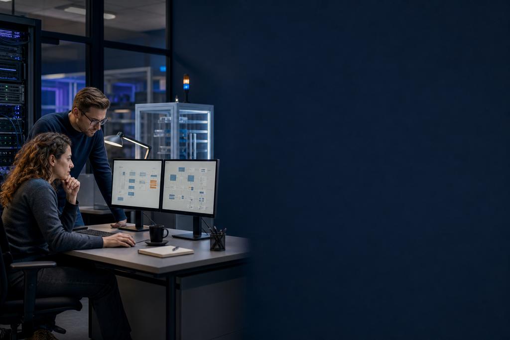 Illustratieve software- en platformengineers die frontend, API, sessie, cache, upload, wachtrij en database na een webreparatie testen