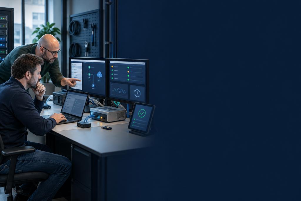 Illustratieve cloudsecurity- en platformengineers die een beperkte hardeningwijziging, normale bedrijfsroute, geweigerde toegang, logging en terugweg testen