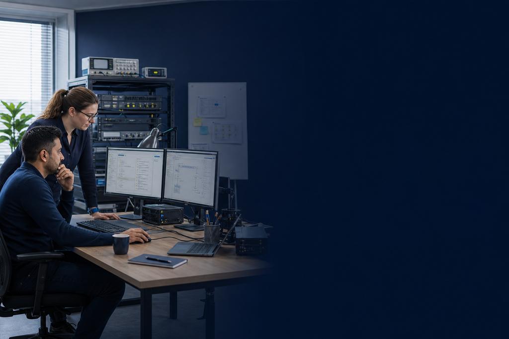 Illustratieve Azure- en netwerkspecialisten die servers, netwerk, DNS, lokale apparaten en gebruikersacceptatie tijdens de cutover volgen
