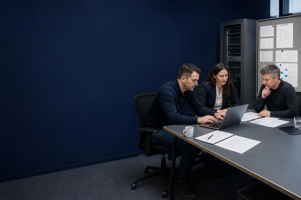 Illustratieve migratiespecialist en gebruikersverantwoordelijke die een Azure AD-migratie, aanmelding, monitoring en terugweg controleren
