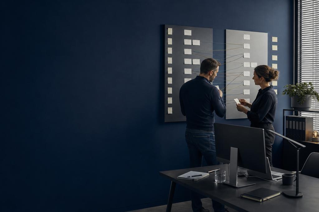Illustratieve tenant- en identitymigratie-engineer met owner die bron- en doelomgeving, domeinen, accounts, applicaties, uitzonderingen en rollback mappen