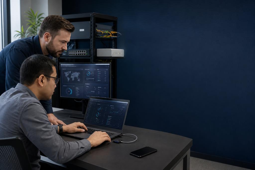 Illustratieve security-engineers die een beheerde werkplek, beveiligingsmelding, softwareversie en netwerktoegang controleren