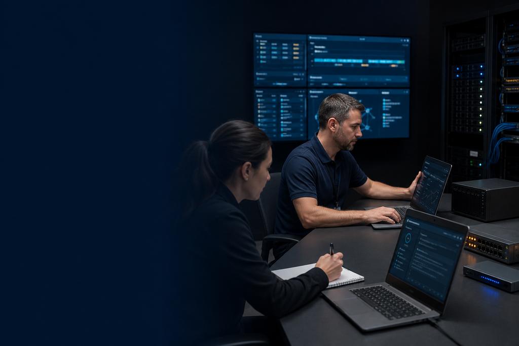Illustratieve securityspecialisten die account-, endpoint- en firewallmeldingen op een rustige incidenttijdlijn samenbrengen